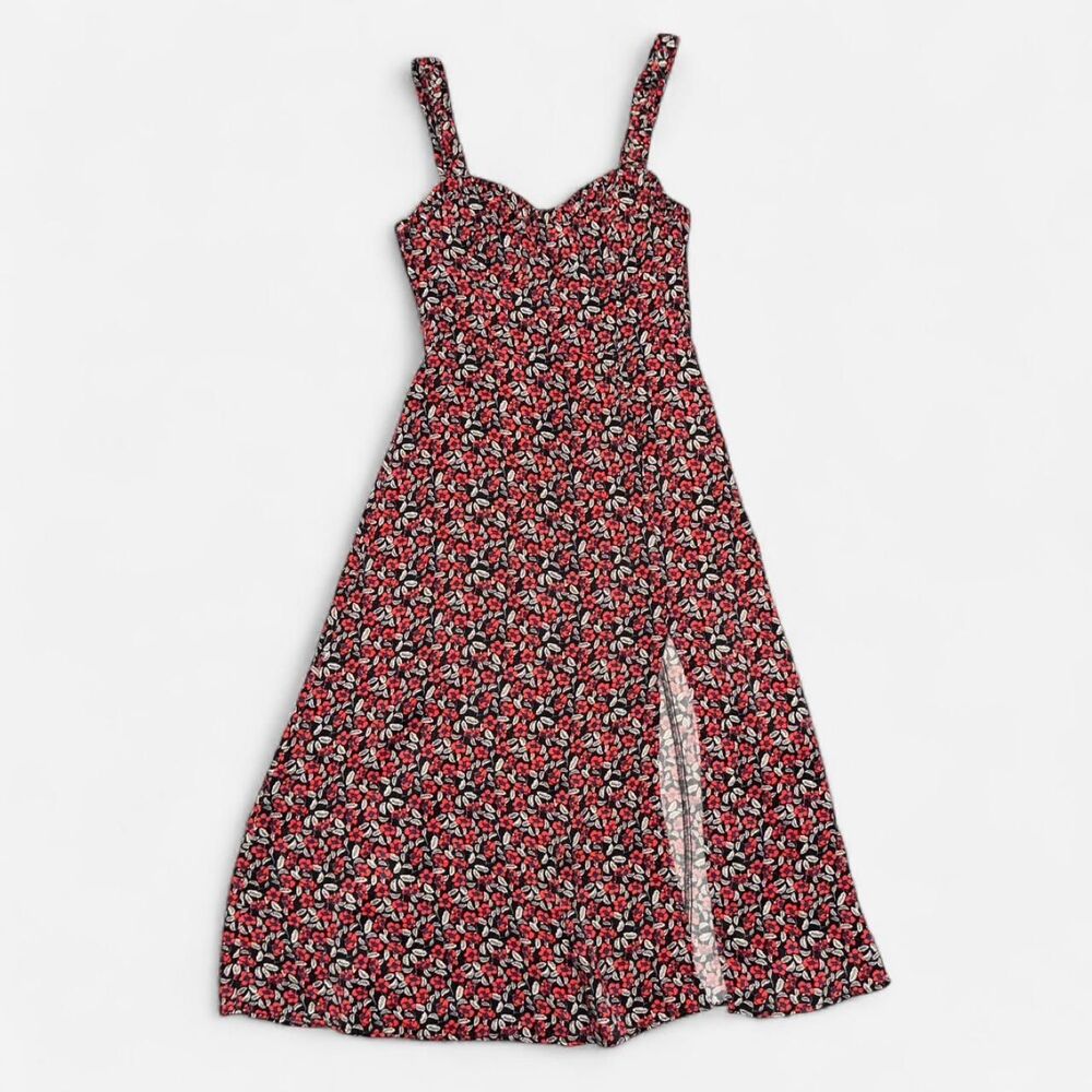 Zara Red Floral Midi Dress with Black and White Accents